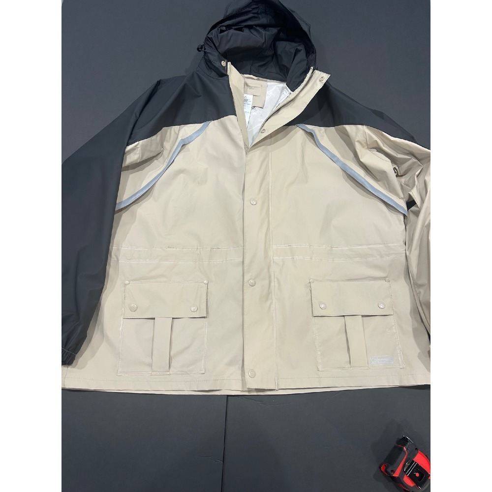 Coleman Outdoors Rain Jacket Windbreaker Hooded Lightweight Beige Black XL (237)